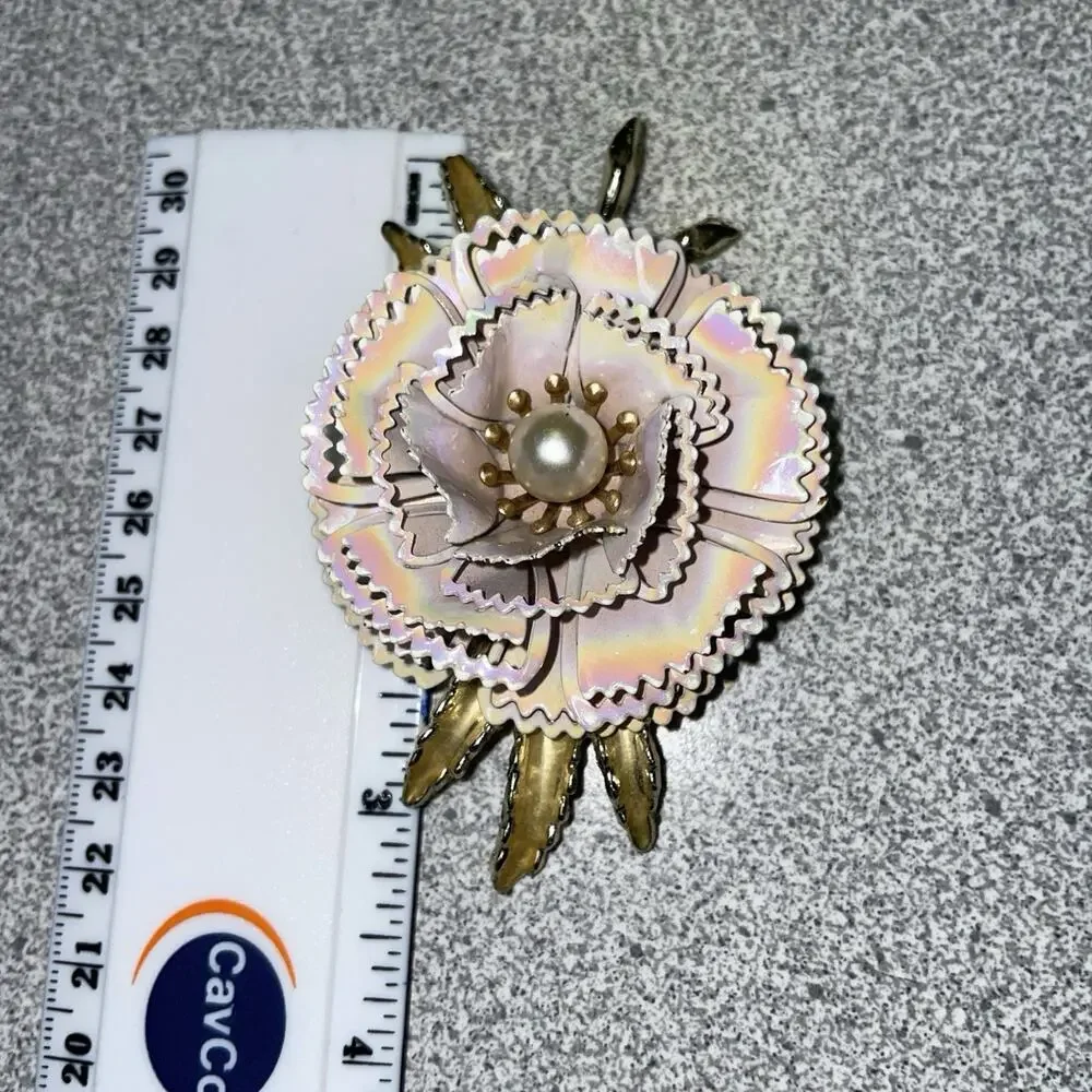 Vintage Gold Tone Metal Flowers Faux Pearl Large 3D Brooch Estate Statement
